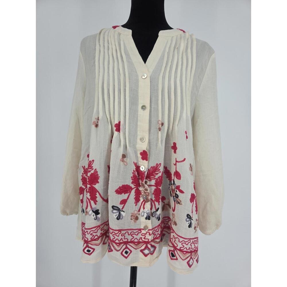 Anthropologie Fig & Embroidered Top Large Beige Red Floral Pleated Baloon Sleeve